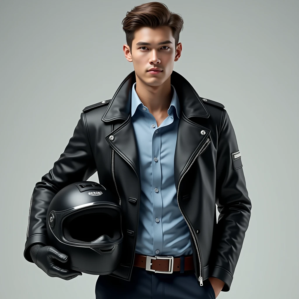 University male student very handsome, face clean shaved against the grain, holds black helmet, wears black formal shoes, black business pants, black leather belt with automatic silver square metal buckle and light blue formal shirt, a dainese biker jacket and biker gloves.