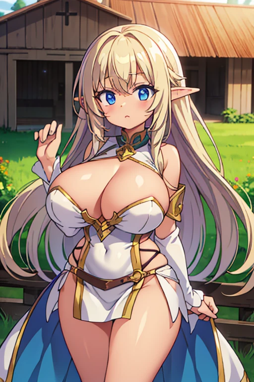 (tanned elf:1.2), (high fantasy slave outfit beige torn dress:1.2), (farm barn:1.2), (high resolution:1.2), (huge tits:1.2), tall, tall female, mature female, thick thighs, wide hips, ((tall)), ((tall female)), ((mature female))