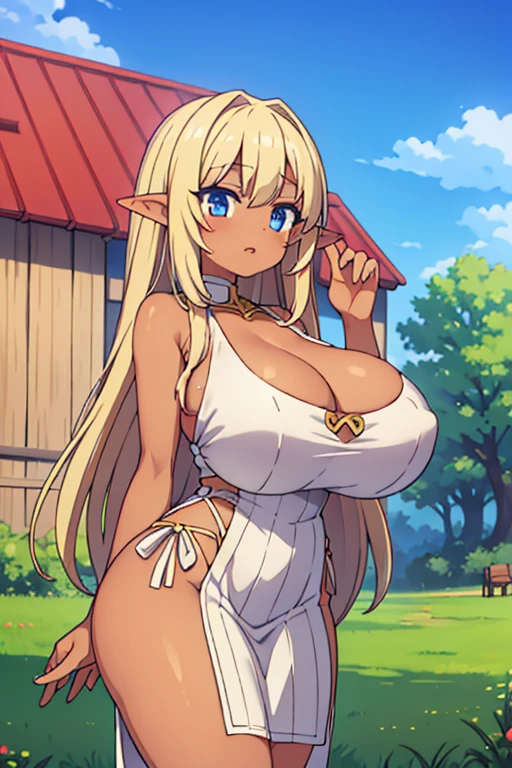 (tanned elf:1.2), (high fantasy slave outfit beige torn dress:1.2), (farm barn:1.2), (high resolution:1.2), (huge tits:1.2), tall, tall female, mature female, thick thighs, wide hips, ((tall)), ((tall female)), ((mature female))