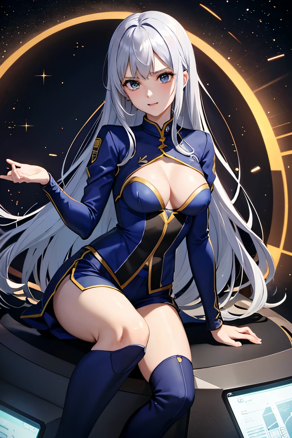 (((Highest quality、first class、masterpiece、Normal body、8k、Detailed face、Ultra-precision、normal hand、Normal refer to、5refer to、Highest)))、Eternal Frail、Silver Hair、Long Hair、slender、Small breasts、Lady、kind、clear、pure、A blue suit that reveals a cleavage、Navy blue shorts、"SDGundamGジェネレーション"、Gundam、Gundamを操縦、Gundamパイロット、Mobile Suit Pilot、Gundamのコクピット、Mobile Suit Cockpit、Sit in the cockpit、Seat belt((操縦席の肩から胸の谷間と股間に掛けたSeat belt))、Grip the control stick、Surround monitor、All-day monitor、View Monitor、universe戦、universe、Fast Combat、High-speed maneuver