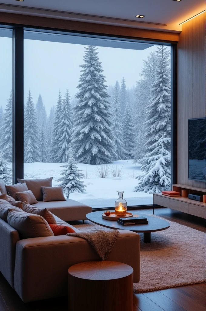 A beautiful living room with sofas and big screen tv at snowy view