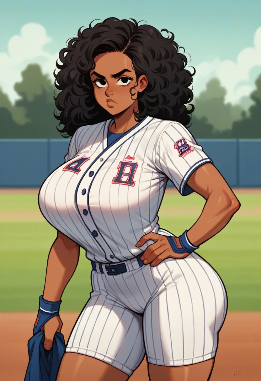 Masterpiece, 1 girl, black hair, curly hair, huge breasts, wide hips, black eyes, brown skin, arab, big breasts, round ass, athletic, baseball uniform, slutty, serious, cute face, flirting