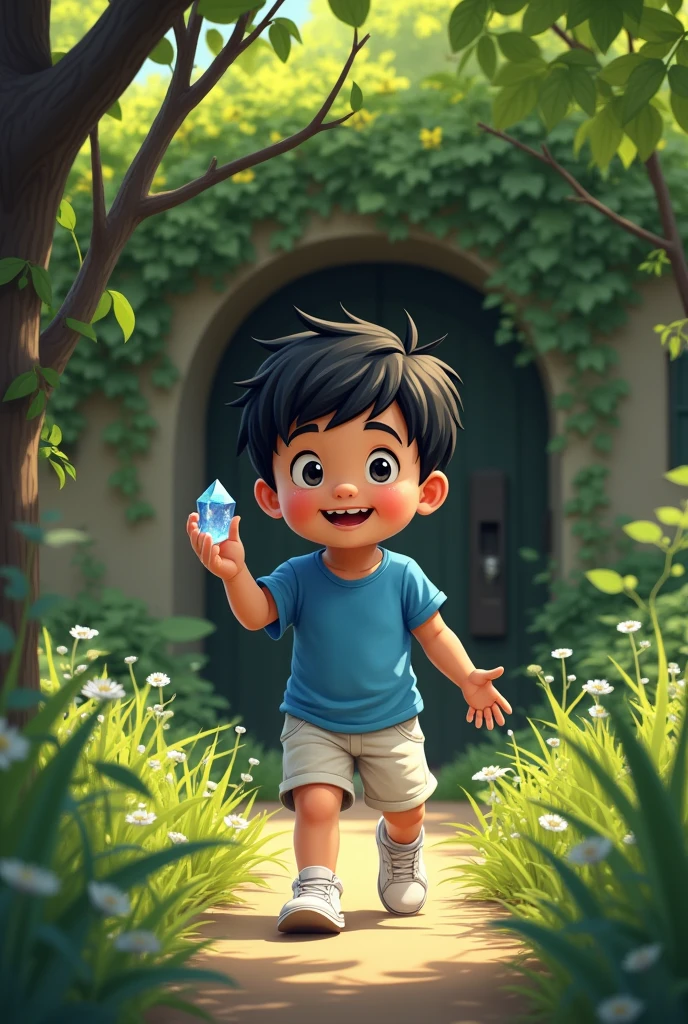 a boy with black hair, black eyes, wearing a blue shirt and white shorts and white sneakers with a toy in his hand, coming home, coming out of the small door between the trees in the backyard with a crystal in her hand, smiling.