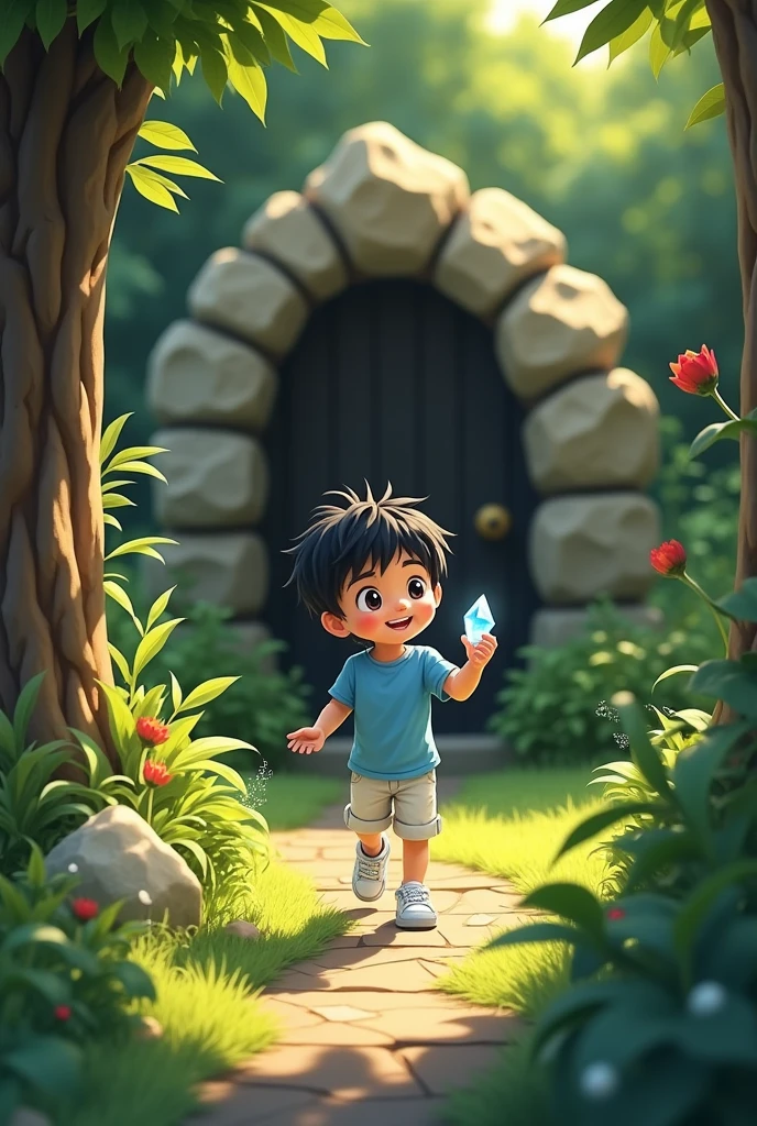 a boy with black hair, black eyes, wearing a blue shirt and white shorts and white sneakers with a toy in his hand, coming home, coming out of the small door between the trees in the backyard with a crystal in her hand, smiling.
