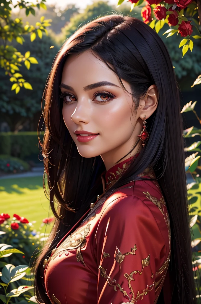 a gorgeous woman, wearing a red and black long-sleeve formal outfit, portrait view, smiling, garden background, detailed face, black straight long hair, beautiful eyes, detailed lips, long eyelashes, photorealistic, hyper-detailed, 8k, high quality, oil painting, lush garden, vibrant colors, natural lighting, soft focus, masterpiece