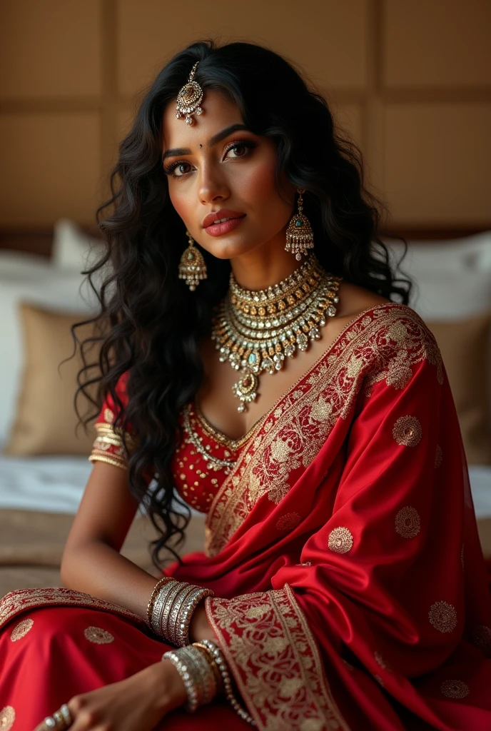 (photorealism:1.2), beautiful woman, sitting on bed , Indian woman wearing red wedding saree , lots of jewellery ,dark skin ,curly long hair ,brown eyes ,