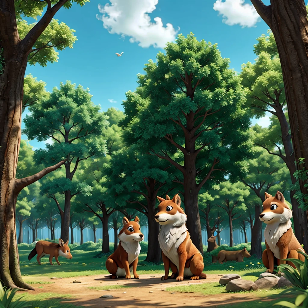 In a colorful and enchanted forest, a large majestic wolf named Ragnar is sitting calmly under an imposing tree. On the other side of a vast field, a small and agitated hen named Kareca flaps her wings and cackles loudly, trying to provoke the wolf. Ragnar observes them with calm and wise eyes, Without showing any reaction. Ao fundo, other animals of the forest, like a curious squirrel, a deer and a rabbit, watch the scene hidden among the bushes, surprised by the wolf's silence. The scene is full of vibrant colors, with the green of the trees and the blue sky creating a serene atmosphere."