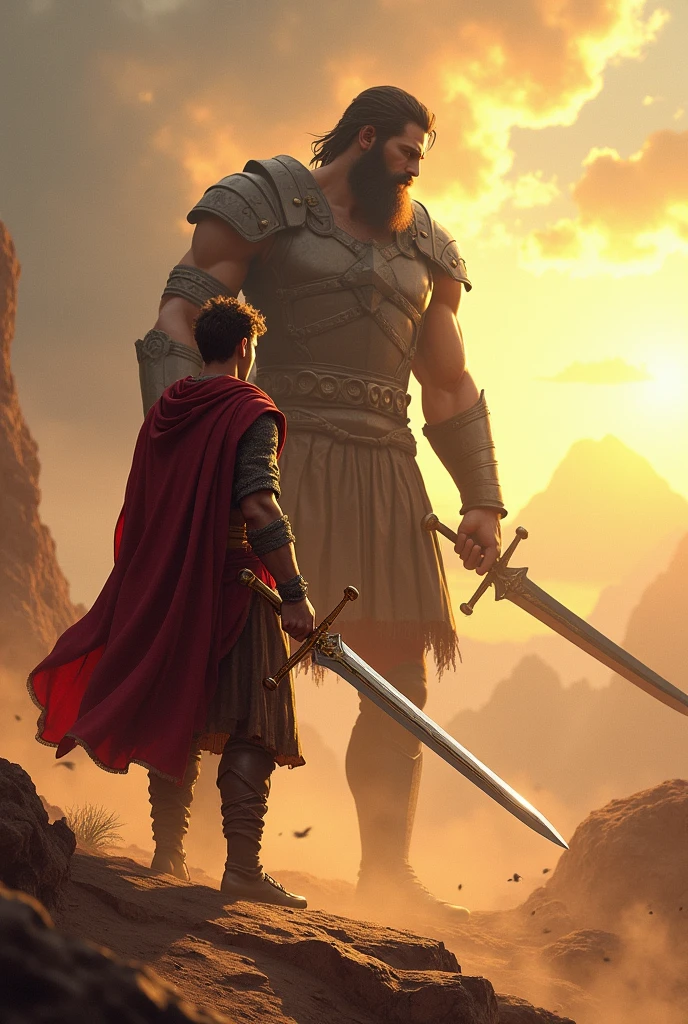 an illustration of the biblical character David in a stance against the giant Goliath, wielding a sword, in warrior clothing, depicting a fight in the desert, epic scenery, high brightness, high quality, photorealism, high contrast, 8k resolution, intricate, concept art, digital painting, mythical