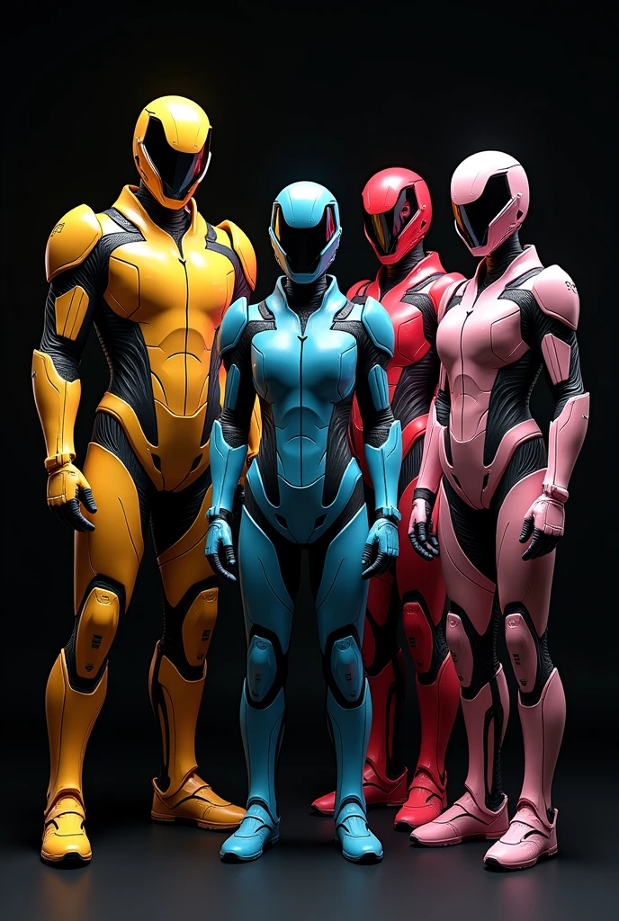 Make 3 men and 2 women with futuristic armor in different colors with black, and two women with futuristic armor of different colors