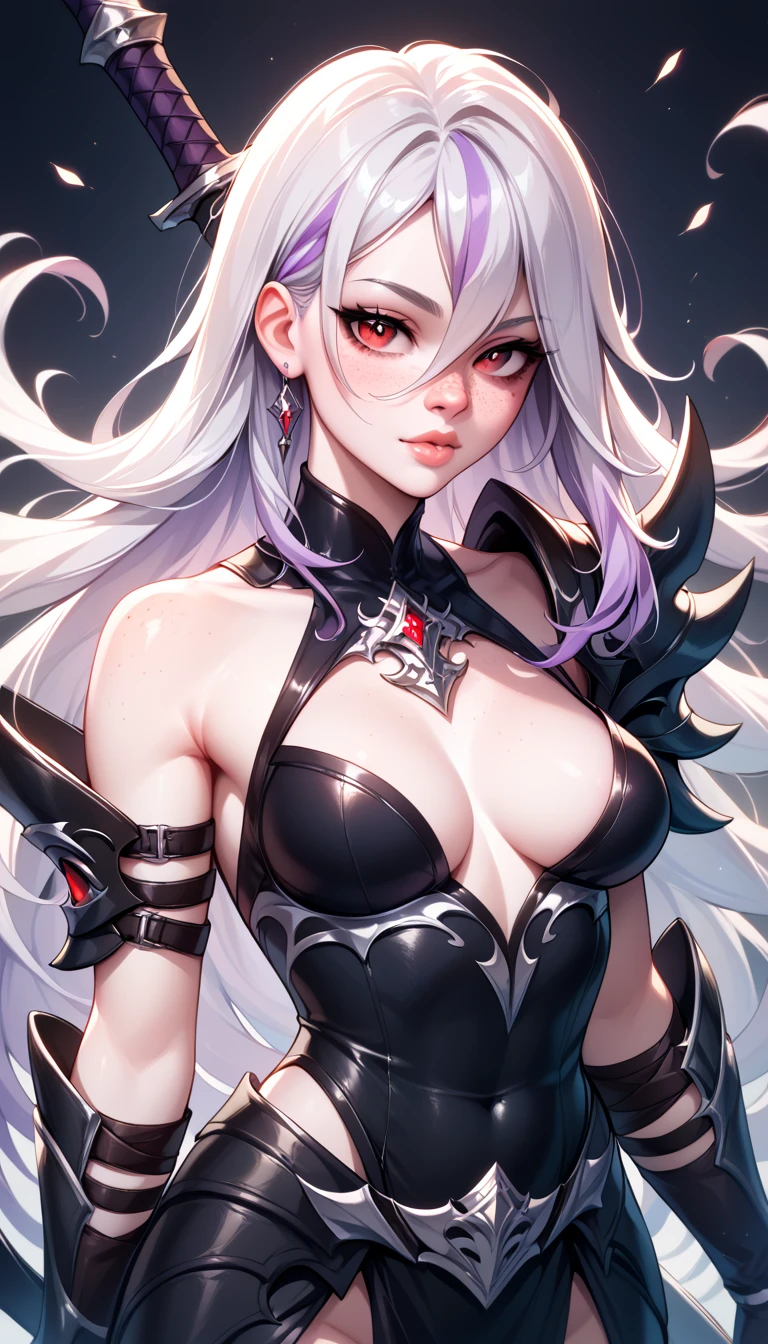 1 Girl, Medium Breasts, Light Purple Hair, Silver Highlights In The hair, Red Eyes, Nice Eyes, Long Hair Style, Freckles, Nice Lips, Nice Nose, Pale White Skin, Smooth Skin, Black Assassin Outfit, Sexy Outfit, Sexy,