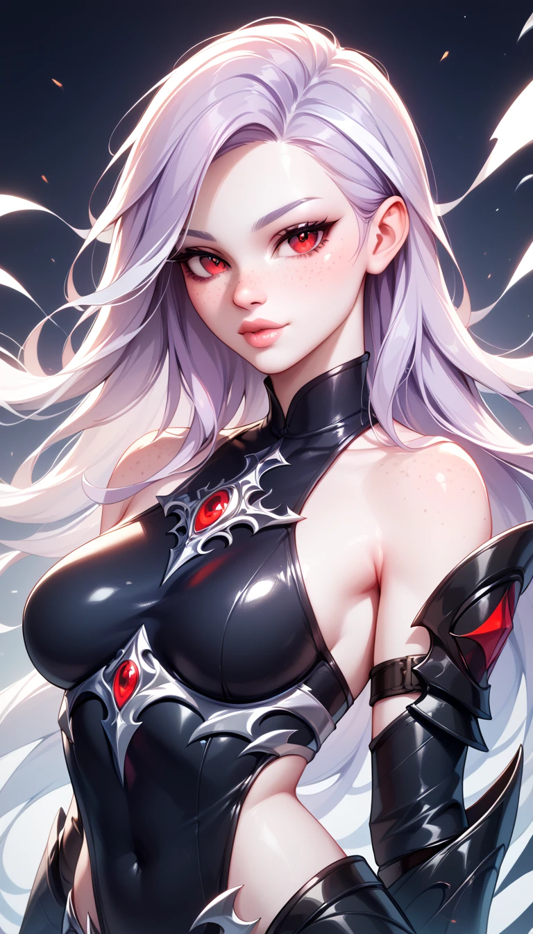 1 Girl, Medium Breasts, Light Purple Hair, Silver Highlights In The hair, Red Eyes, Nice Eyes, Long Hair Style, Freckles, Nice Lips, Nice Nose, Pale White Skin, Smooth Skin, Black Assassin Outfit, Sexy Outfit, Sexy, 