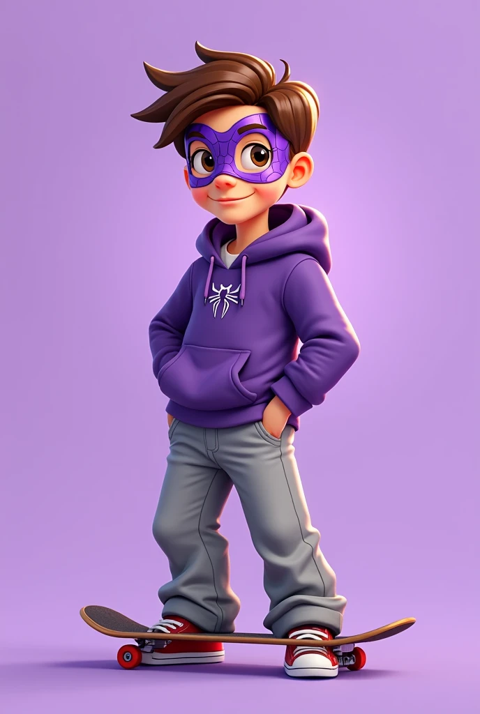 a cartoon male drawing with a purple spiderman mask, loose gray pants and a purple hood, brown hair and eyes, with a plain purple background with a skateboard