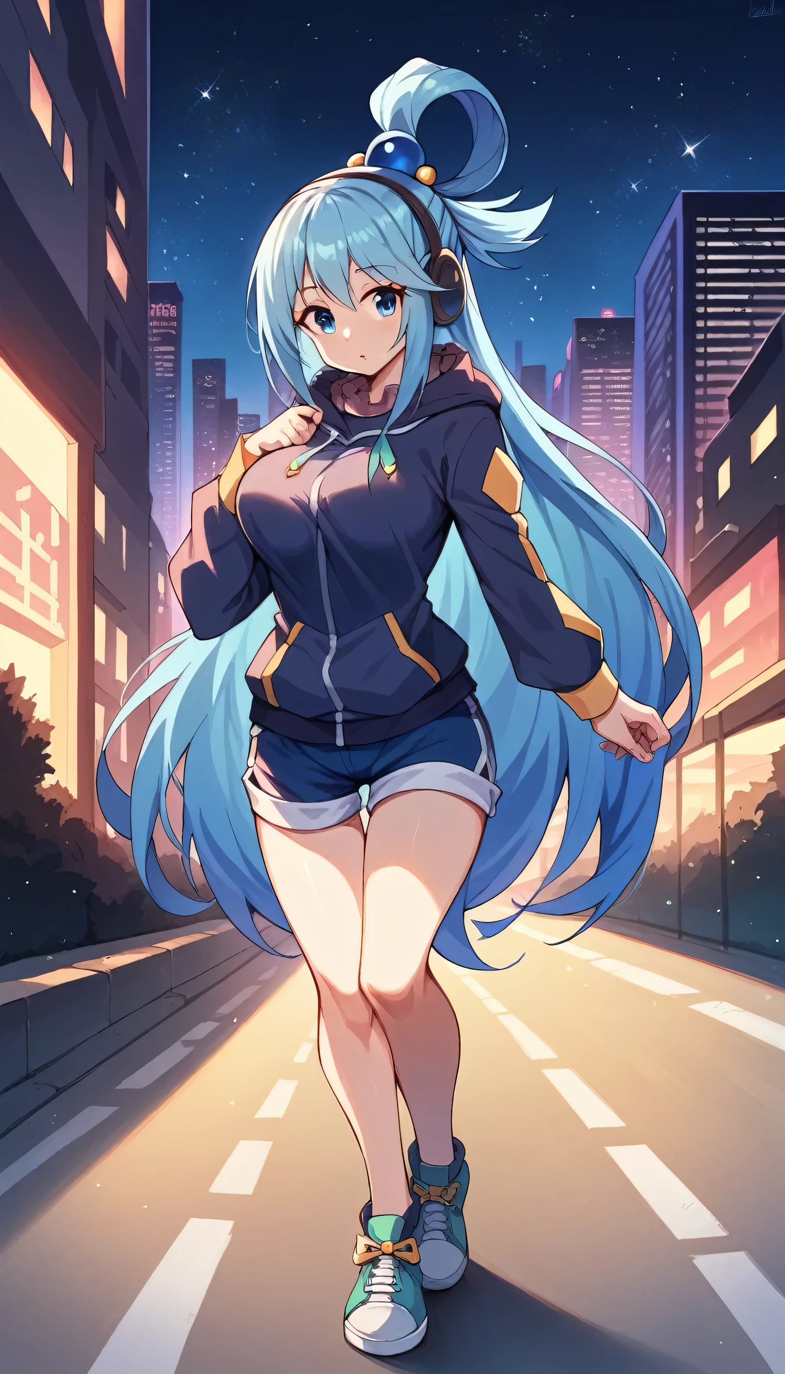 aqua \(konosuba\), blue eyes, long hair, hair ornament, very long hair, hair rings, blue hair, single hair ring, hair bobbles,headphones, city, building, skyscraper, cityscape, earmuffs, night, 1girls, female focus, star \(sky\), solo, shoes, street, city lights, outdoors, sky, hoodie, shorts, starry sky, night sky, sneakers, skyline, hood, road, tower,Looking at the viewer,large breast,breasts, 1girl, breast, solo, smile, sweat, collarbone, upper body, large breasts, close-up,