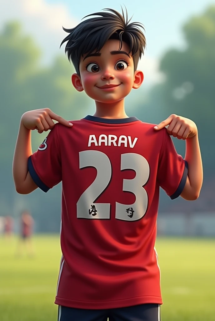 A boy standing pointing his jersey on which aarav is written with 23 number 