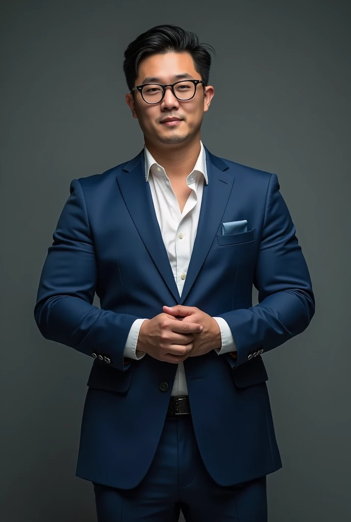 best quality, masterpiece, 8K, HD, masculine, 30 year-old korean gentleman, muscular, wet clothes,balanced muscles,nerdy look, glasses, very tight fitting blue business suit, big bulge, golden ratio, sexy, god rays, soft lighting, dynamic shadows, sharp focus, perfection, no watermark,wearing no underwear, sexy, Masculine and handsome, muscular, Beautiful muscles, hairy body,