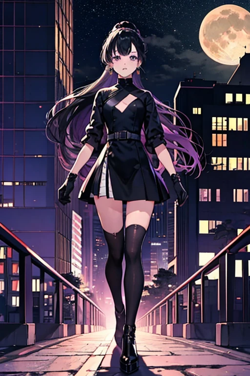 Anime Art、Hong Kong City Streets and Roads、Full body portrait、Modern street killer、Moonlit Ruins、Slim woman, height: about. 155cm, Around , Wearing a black mini dress, Bare hands、Black over-the-knee socks、Ponytail Hairstyles、The eyes are covered by the bangs、Black Hair, a vague look、Purple eyes、gloves、stockings、boots、She has silver earrings.,Gaze, Small breasts,ゴシックータ