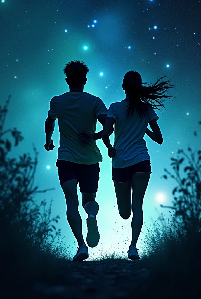 Man and woman running in space