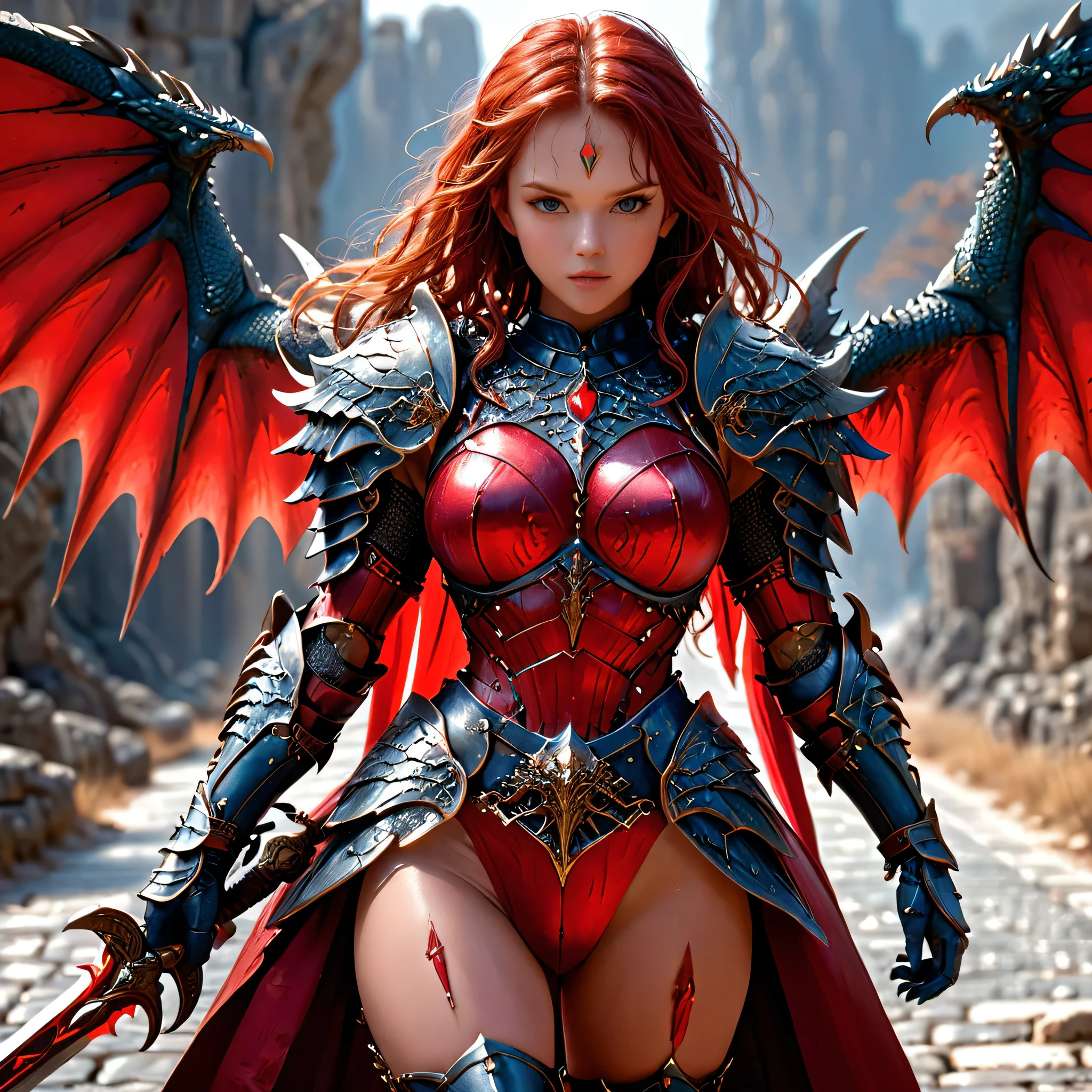 amazing quality, masterpiece, Best Quality, hyper detailed, ultra detailed, HD, perfect anatomy, perfect body,Perfect eyes,perfect face,
Model, elegant pose, wearing a fantastic armor with dragon wings, big breasts, big hips, small waist, red full body armor, holding a large shining sword, track, Stone Road, soft tones, Red hair, beautiful girl HKStyle,
extremely detailed,