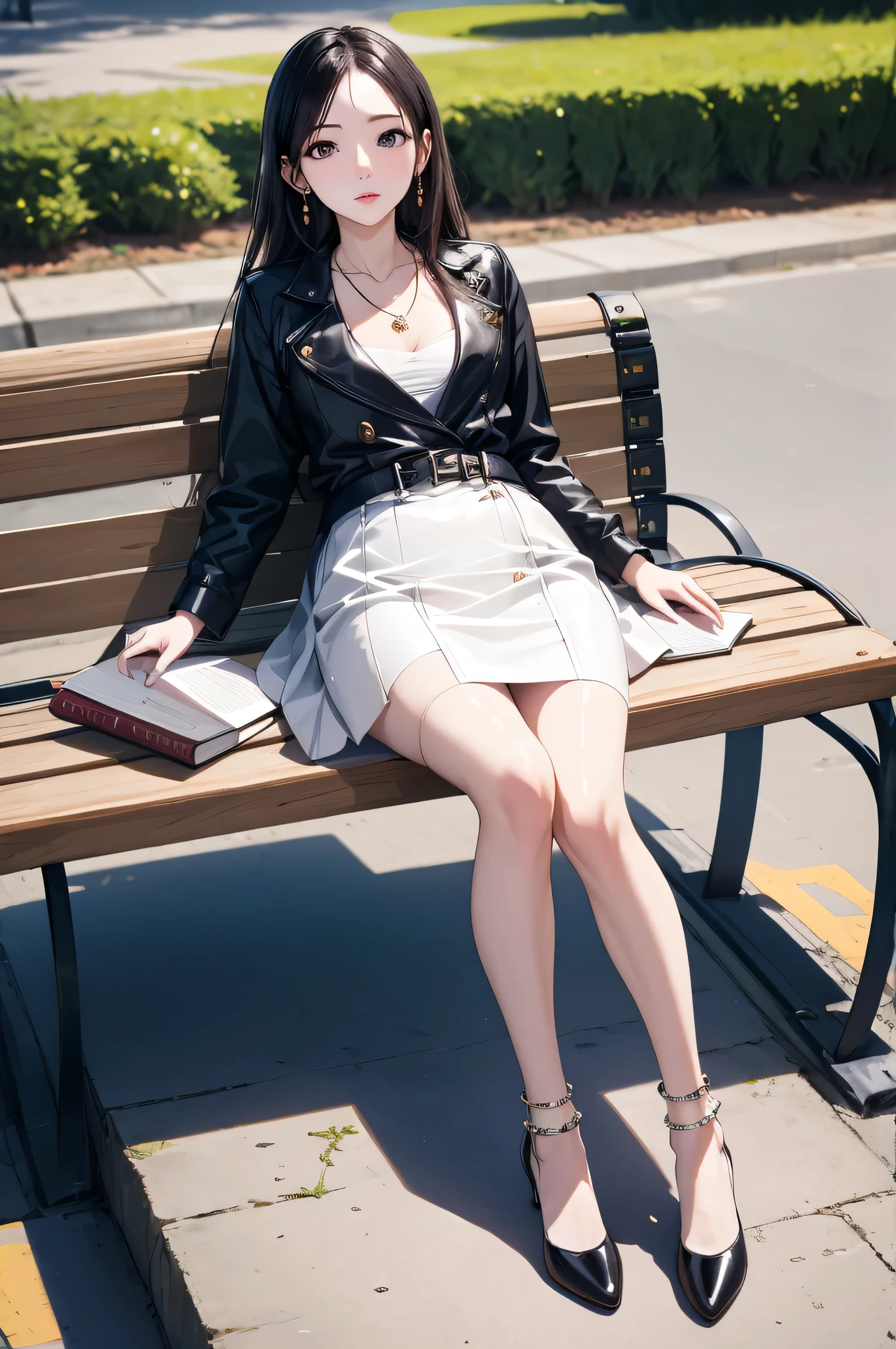 ((Biologically correct limb count))、((Full Body Shot, Full-body photo including face、Head to toe photos))、4K、masterpiece、((Focus on the face))、((Symmetrical facial features))、Eyes of meticulous depiction、One beautiful woman、Excellent style、((Shiny black stockings、Shiny flared skirt、white leather jacket、High heels with anklets))、Detailed Description、Small earrings、necklace、((In the early morning park, he is sitting on a bench with a book in his hands and looking up))、Close-up photo of the whole body、Panty shot、Focus on the face、Low angle photo