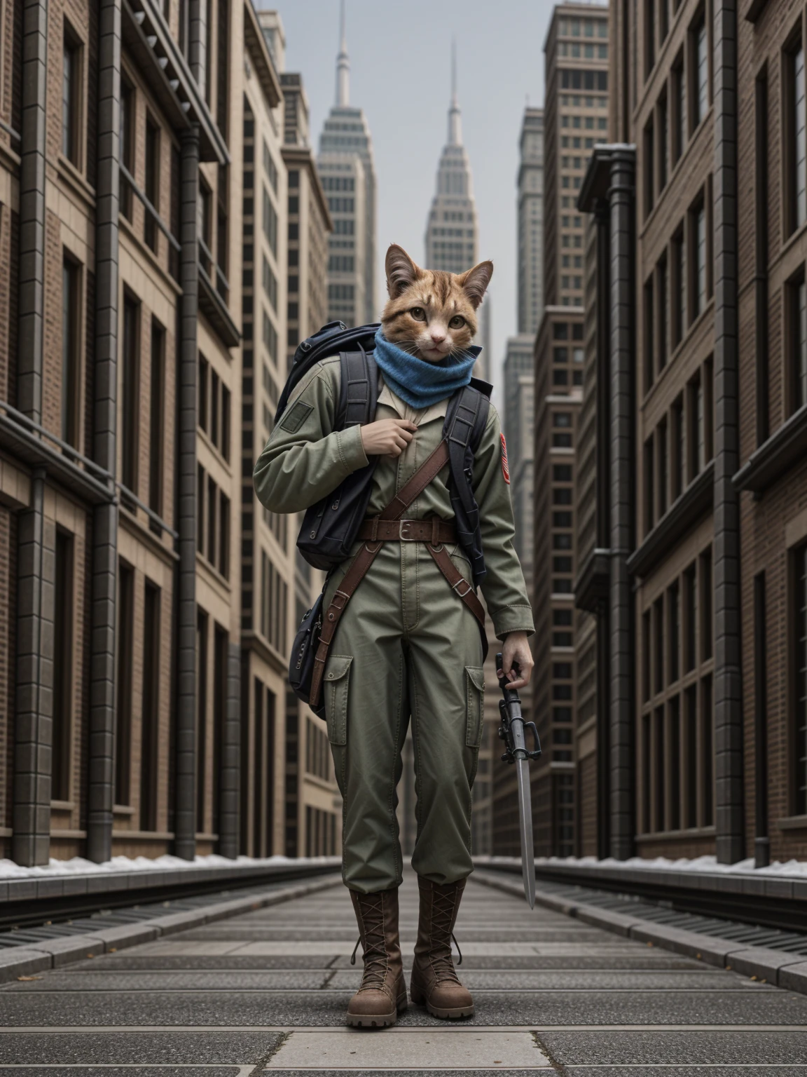 A brave American soldier cat! Standing on a rooftop with a city skyline, wearing a red jacket, blue scarf, backpack, and holding a sword. Whimsical and playful. Would make a great poster!, high detail, Sony FE GM, 8k