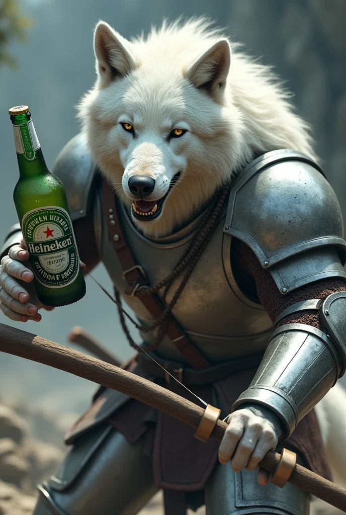 (photorealism:1.2), fondo elegant castillo, Werewolf, heineken , elegant , armor , furious, war background, defeating a spartan 