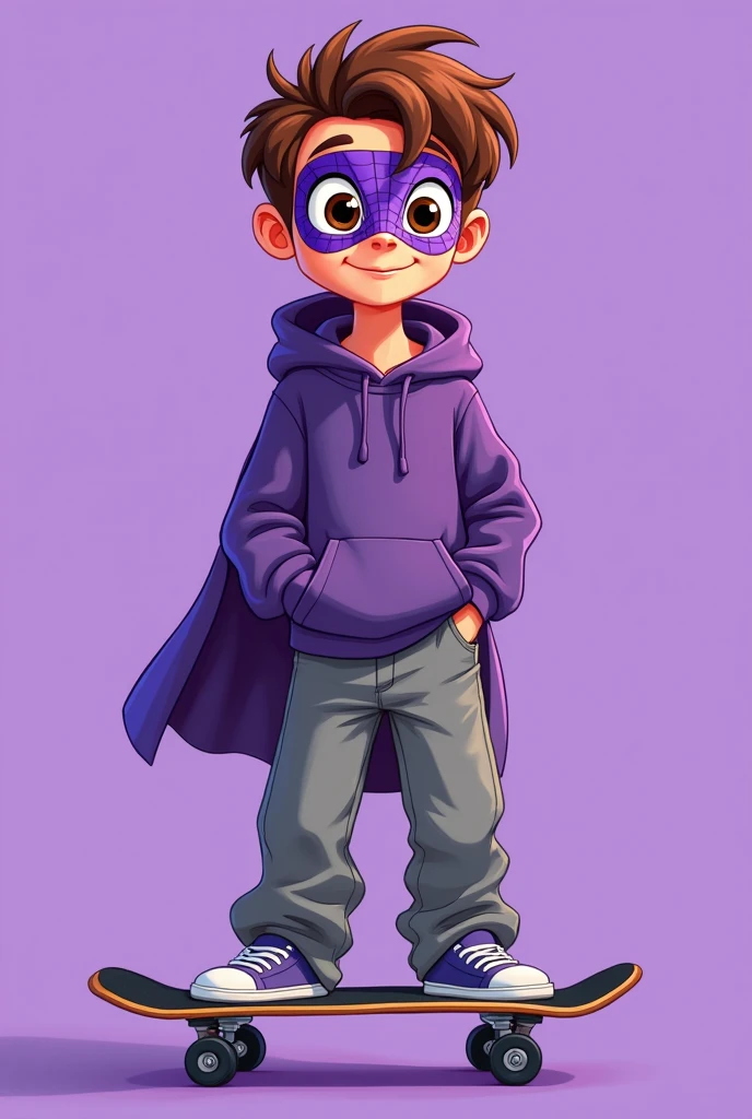 a cartoon male drawing with a purple spiderman mask, loose gray pants and a purple hood, brown hair and eyes, with a solid purple background and a skateboard