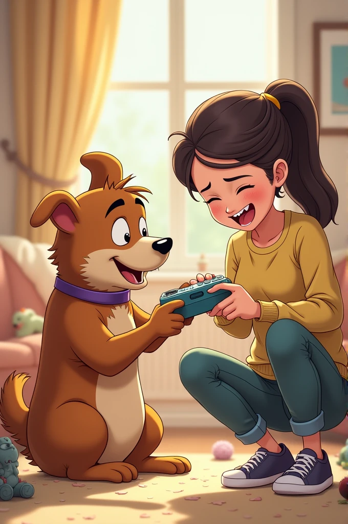 A dog play games with remote control on hand and his wife crying to do any other work but dog not fear and continue play games