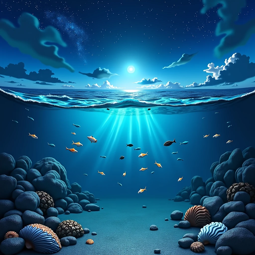 Beautiful ocean, transparent waves, night sky, marine blue, shells in the sea, many fish
