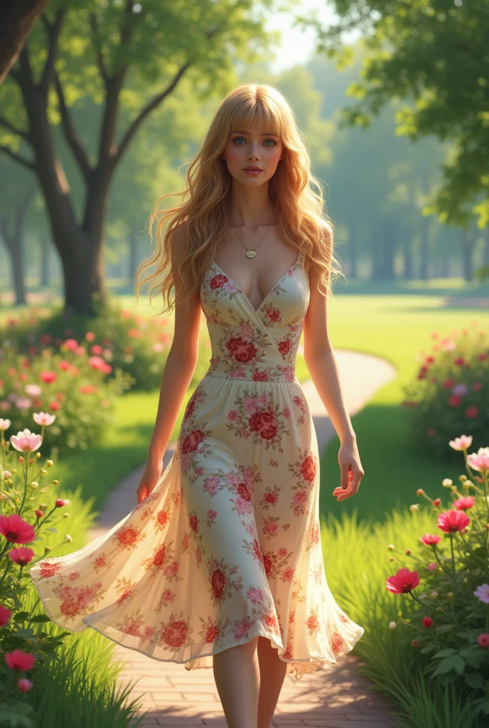 a , her long, wavy honey blonde hair with bangs, with white skin and blue eyes, dressed in a beautiful floral dress and strolling through a park 