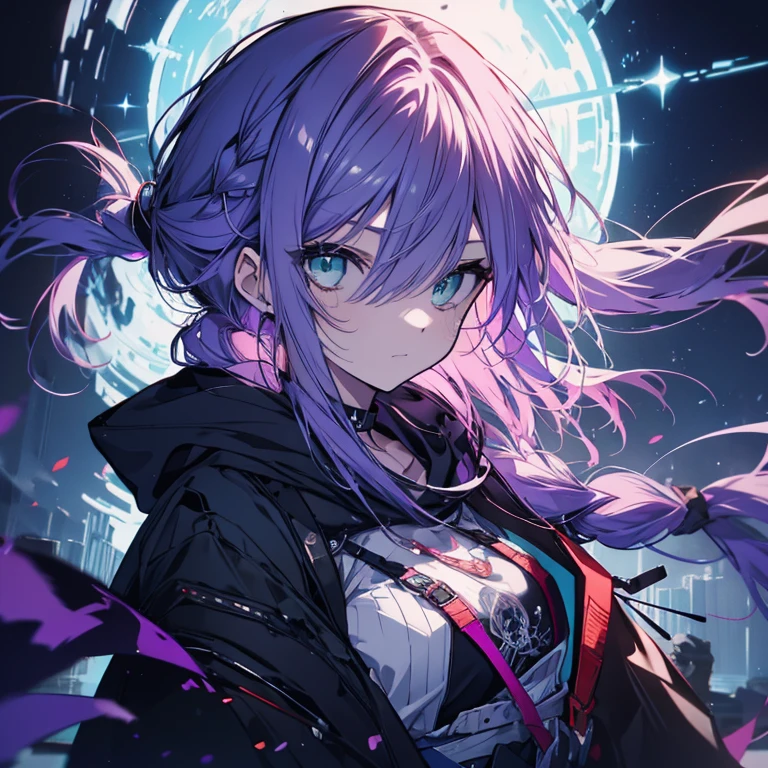 1 person、Mature、Ample breasts、Long Hair、Purple Hair、Braid、1つのBraid、ponytail、Center Part、Emerald green eyes、Black hoodie、Shoulder Bare、Sad face、choker、Shorts、I thought about it、Starry Sky、Ancient city、Blood splatter、Blood splatter、He readies his ice blade.、Battle Scenes、High resolution、Highest quality