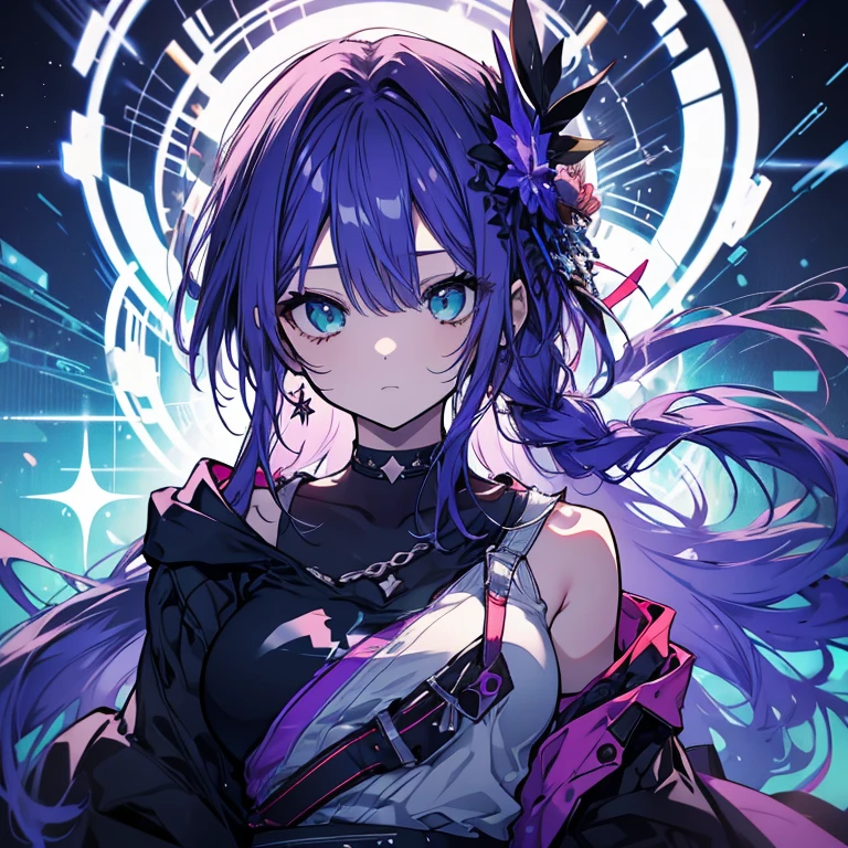 1 person、Mature、Ample breasts、Long Hair、Purple Hair、Braid、1つのBraid、ponytail、Center Part、Emerald green eyes、Black hoodie、Shoulder Bare、Sad face、choker、Shorts、I thought about it、Starry Sky、Ancient city、Blood splatter、Blood splatter、He readies his ice blade.、Battle Scenes、High resolution、Highest quality