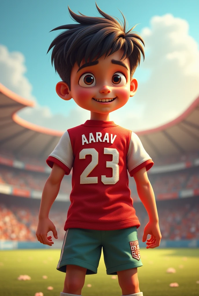 A boy standing pointing his jersey backwards on which aarav is written with 23 number