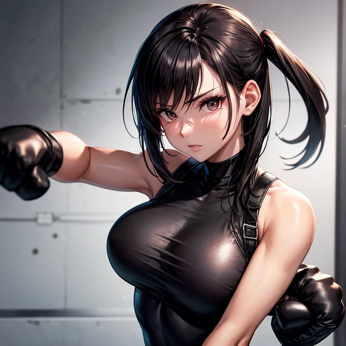she is wearing black clothes, Exactly, High Cut Bodysuit.A woman boxing　Tifa Lockhart