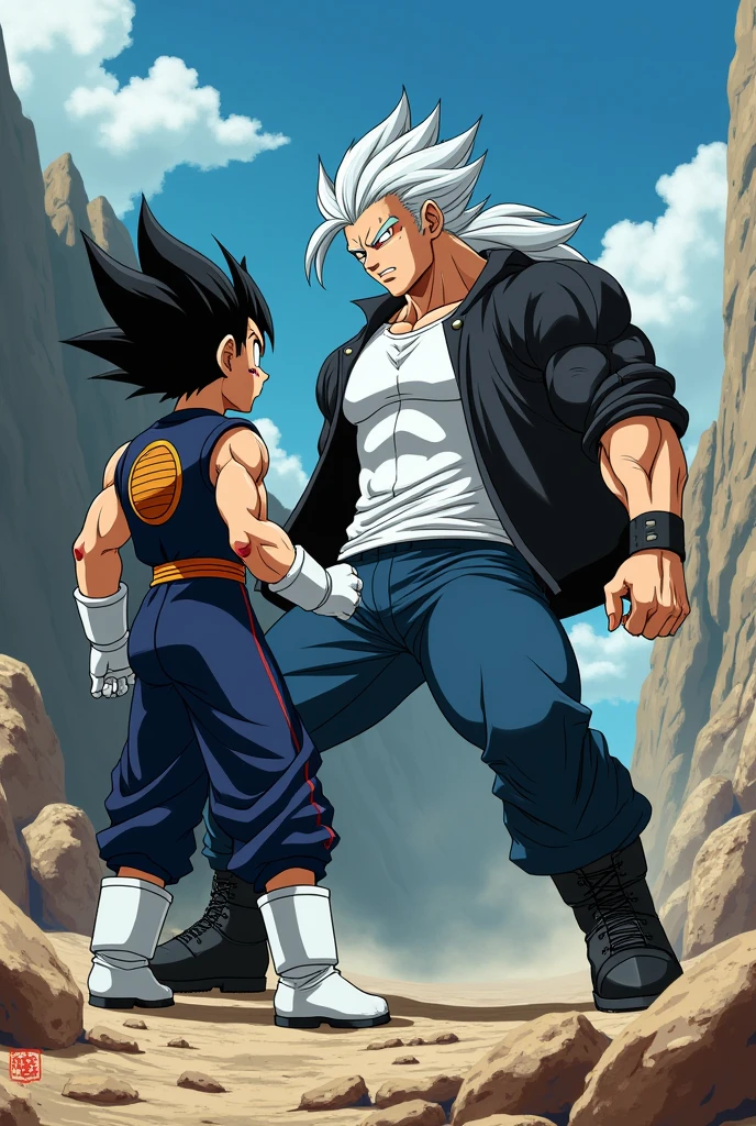 Man of defined physique,long straight white hair,Red eyes,scar on his face by his right eye,white sleeveless t-shirt,black knee-length jacket,dark blue jeans by Jin,black boots,fighting against Vegeta from Dragon Ball (,wearing a sleeveless dark blue shirt fitted to his body,dark blue pants fitted to his body,white gloves and boots)in a rocky area(anime style)