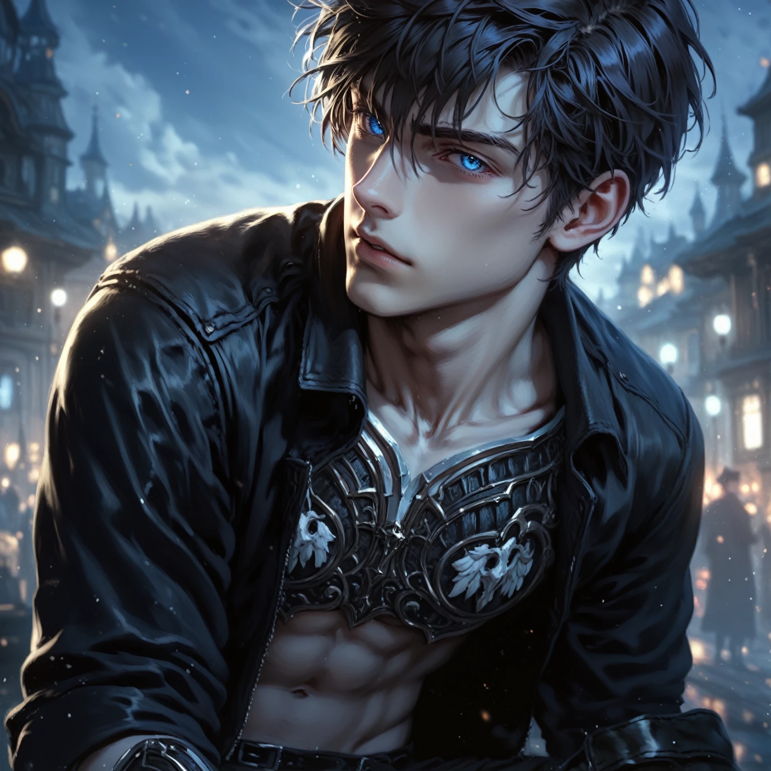 absurdities, High resolution, ultra detailed, HdR, masterpiece, realism, realist, 30 year old adult man, rasgos muy masculines, serious, Extremely detailed face and eyes, short straight hair, Red hair, bushy eyebrows, fringe, fringe que cubre la frente, sexy look, expressive blue eyes, rasgos masculines, detailed eyes, LOOKING AT THE SPECTATOR, 1 man, black clothes, black leather jacket, White skin, arched eyebrows, masculine, black clothes de mafia, Wizard's Medallion, tidy hair, Complete plan, beefy chest, realism magico, masculine, men's clothing, vibrant colors, Fotorrealist, 8k, Best Quality, High resolution, cinematic lighting, intricate details, ultra detailed, 8k, realist.