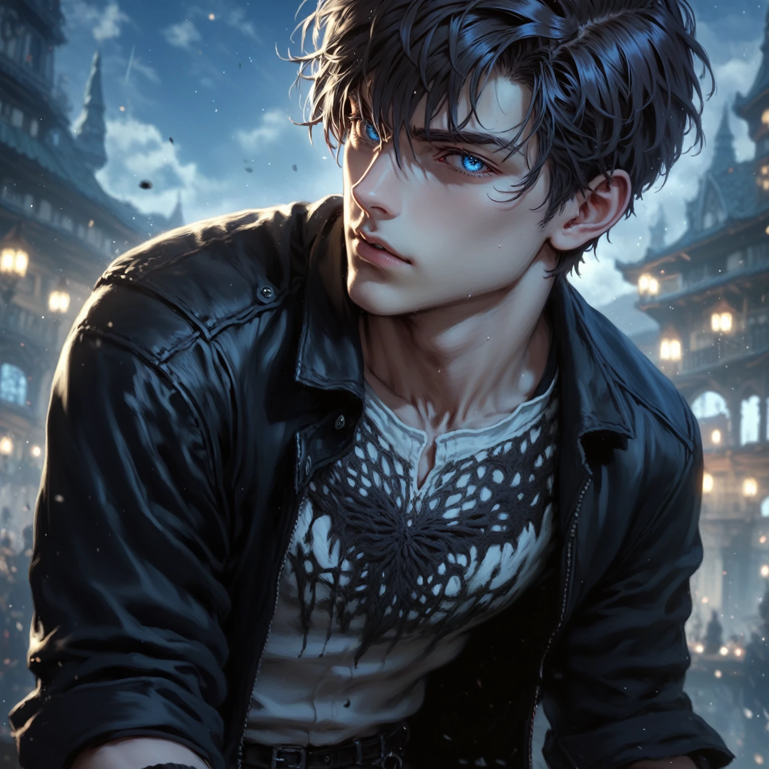 absurdities, High resolution, ultra detailed, HdR, masterpiece, realism, realist, 30 year old adult man, rasgos muy masculines, serious, Extremely detailed face and eyes, short straight hair, Red hair, bushy eyebrows, fringe, fringe que cubre la frente, sexy look, expressive blue eyes, rasgos masculines, detailed eyes, LOOKING AT THE SPECTATOR, 1 man, black clothes, black leather jacket, White skin, arched eyebrows, masculine, black clothes de mafia, Wizard's Medallion, tidy hair, Complete plan, beefy chest, realism magico, masculine, men's clothing, vibrant colors, Fotorrealist, 8k, Best Quality, High resolution, cinematic lighting, intricate details, ultra detailed, 8k, realist.