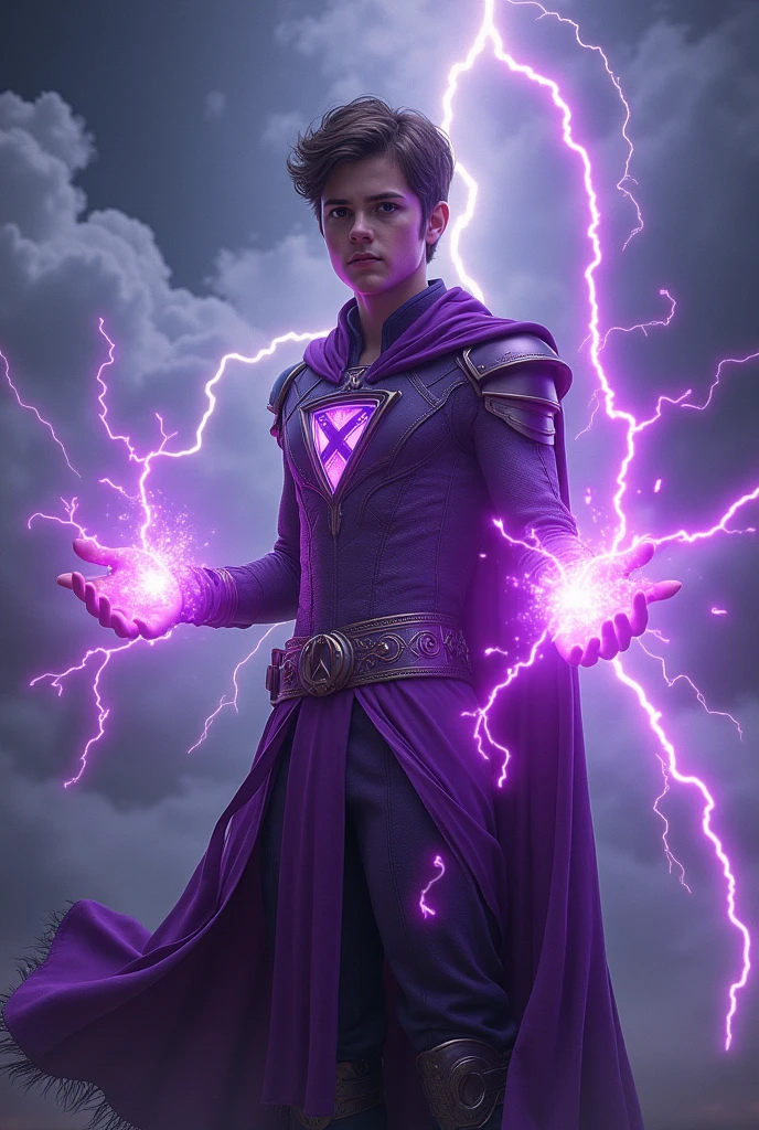 A teenage hero, with a hero costume inspired by the mages of ancient mythology conjuring a purple lightning spell