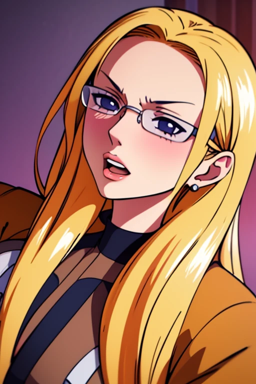 chest, Big chest, Open your mouth a little, Blushing, Thighs,whole body,Bodysuits,Upward gaze blonde hair, Very long hair, Shiny Hair, Glasses,secretary,sexly