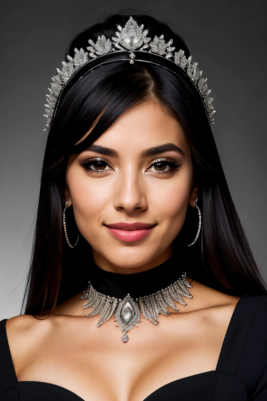 realistic portrait of an extremely beautiful Venezuelan woman, smiling, wearing a tight black Scuba Crepe 3/4 Sleeve Split V-Neck Sheath Dress, wearing a choker, detailed facial features, piercing eyes, wearing a headdress, elegant long eyelashes, beautiful lips, delicate nose, intricate jewelry, dramatic lighting, highly detailed, photorealistic, 8k, cinematic composition, dramatic pose, masterpiece