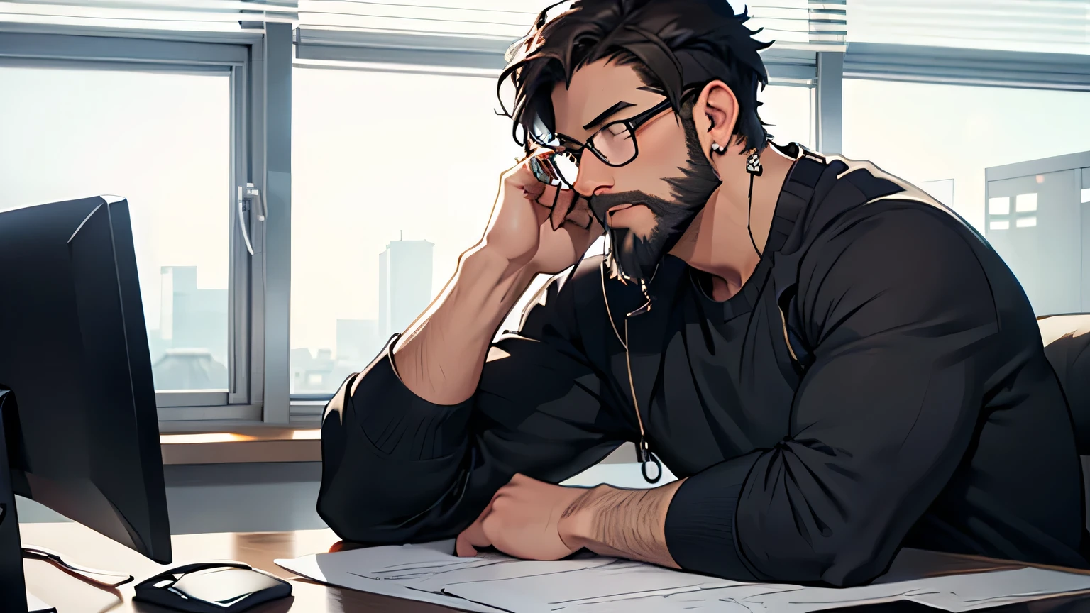 Enriike (male, short hair, glasses, beard, 80kg, 1.73m, small hoop earrings) in anime style, sitting at a desk in an office, working in front of a computer. The office is simple, with a window showing daylight. Enriike has a tired expression, with a small sweat drop on the side of his face, as he looks at the clock.