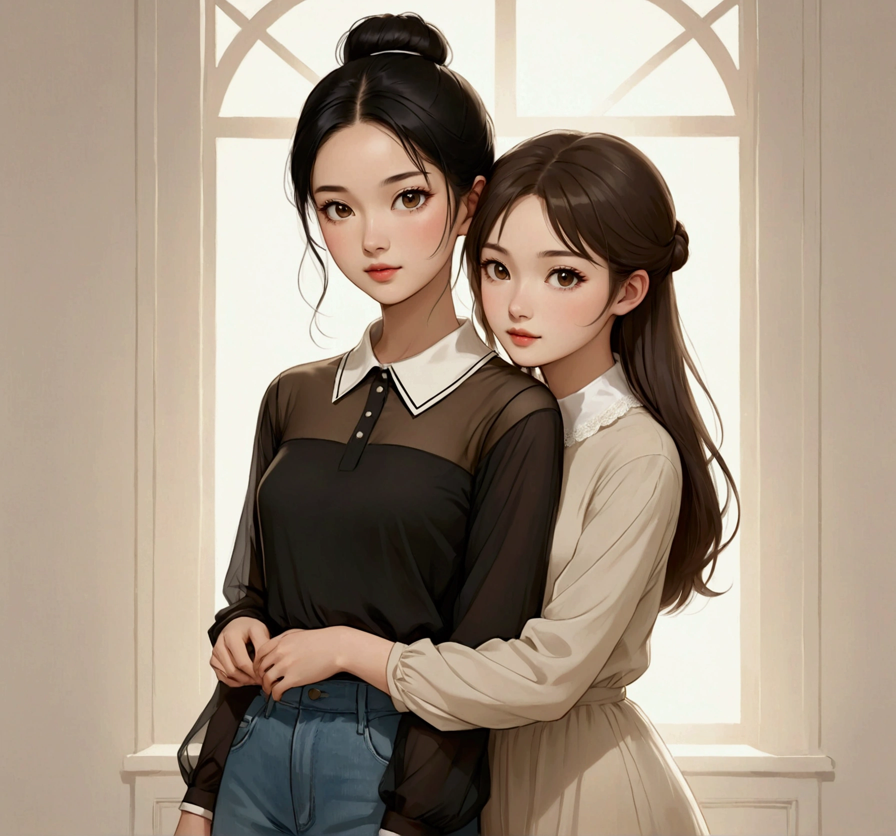 TWO beautiful Sarah Kay-style women, deeply in love. One with semi-short light brown hair, STRAIGHT, dressed casually, delicate British features, and the other with long black hair, STRAIGHT, with delicate Asian features, dressed casually, illustration, realistic, anime, fashion, portrait photography.