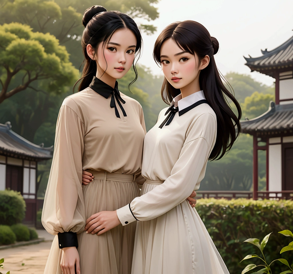 style of two women in love. One is a beautiful young woman with delicate Asian features and long, loose black hair, dressed in a simple light beige tulle dress with long sleeves and next to her is a beautiful young British woman with brown hair gathered in a bun, wearing a black t-shirt with a white collar trim and white wide leg jeans.