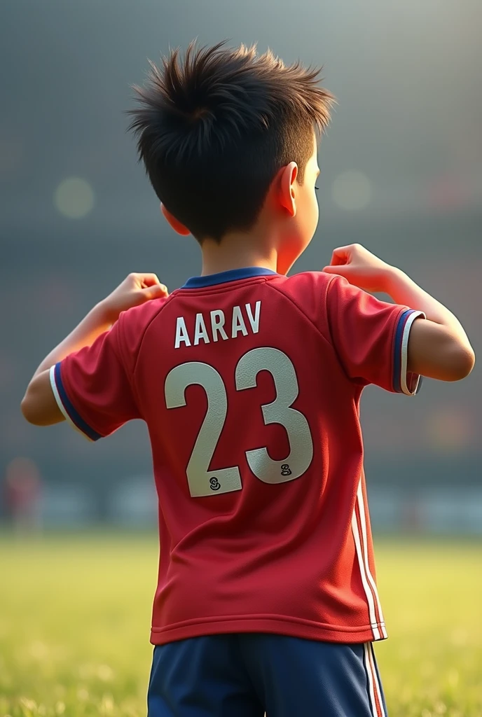 A boy standing pointing his jersey backwards on which aarav is written with 23 number 