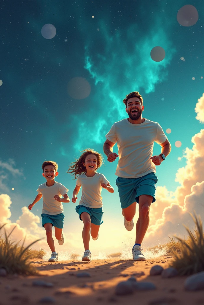 Family running in space running in space wearing blue white and green shorts and t-shirt  