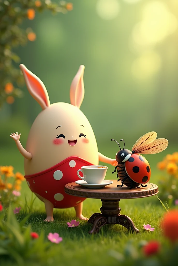 An egg wearing a red polka dot bikini having tea with a ladybug.