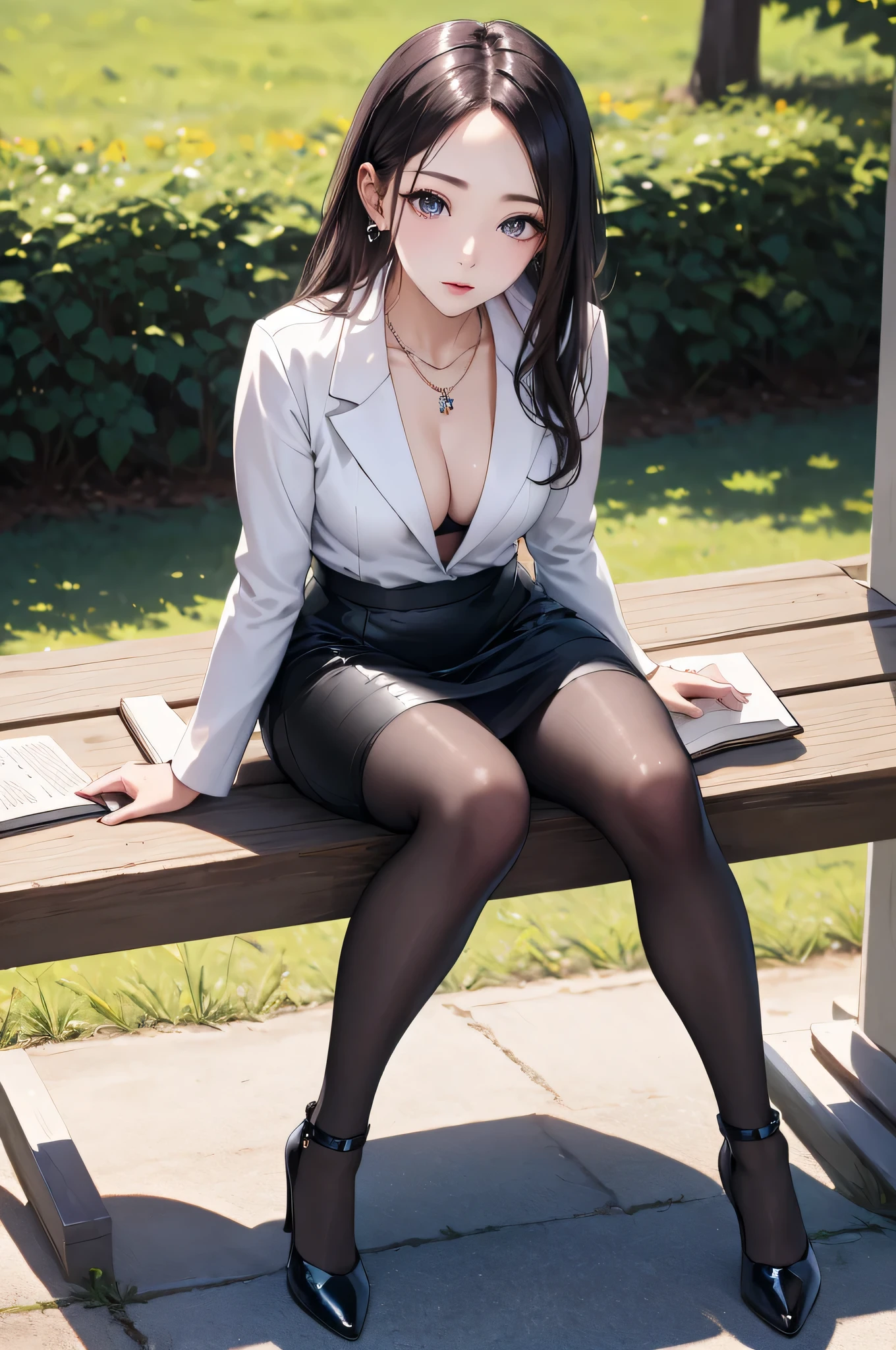 ((Biologically correct limb count))、((Full Body Shot, Full-body photo including face、Head to toe photos))、4K、masterpiece、((Focus on the face))、((Symmetrical facial features))、Eyes of meticulous depiction、One beautiful woman、Excellent style、((Shiny black stockings、Shiny flared skirt、white leather jacket、High heels with anklets))、Detailed Description、Small earrings、necklace、((In the early morning park, he is sitting on a bench with a book in his hands and looking up))、Close-up photo of the whole body、Panty shot、Focus on the face、Low angle photo