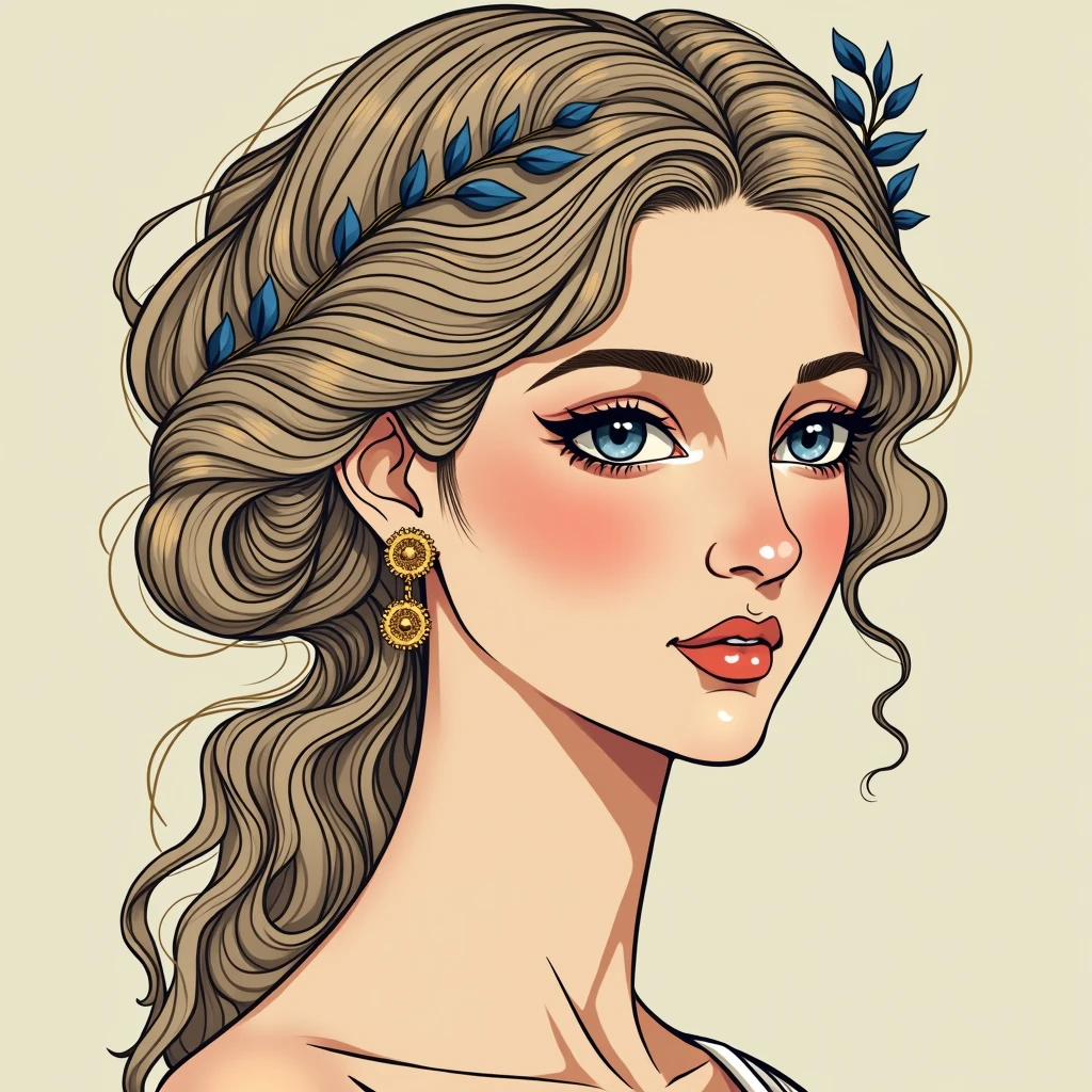 The focus would be on the head of a female Greek goddess, such as Aphrodite or Hera, with clearly feminine and delicate features. Her face would have soft, elegant lines, highlighting features such as large, expressive eyes, full lips and wavy hair that flows around her head in simple, organic spirals, typical of Art Nouveau.
To make it clear that it is a female figure, the composition could include details such as earrings or a delicate diadem adorned with small laurel leaves or flowers, symbols that represent femininity and divinity in Greek culture. The wavy hair would be well defined and fluid, but without overwhelming the design.
The neo-traditional style would bring bold lines and intense shading to the face, highlighting its striking features and bone structure. The use of colors would be minimalist, perhaps with gold on the diadem and subtle touches of blue or green on the accessories, keeping the design simple and without too many details.
This design captures the essence of ancient Greece with a modern aesthetic, balancing the fluidity of Art Nouveau and the visual impact of Neo Traditional, while emphasizing the femininity of the figure.