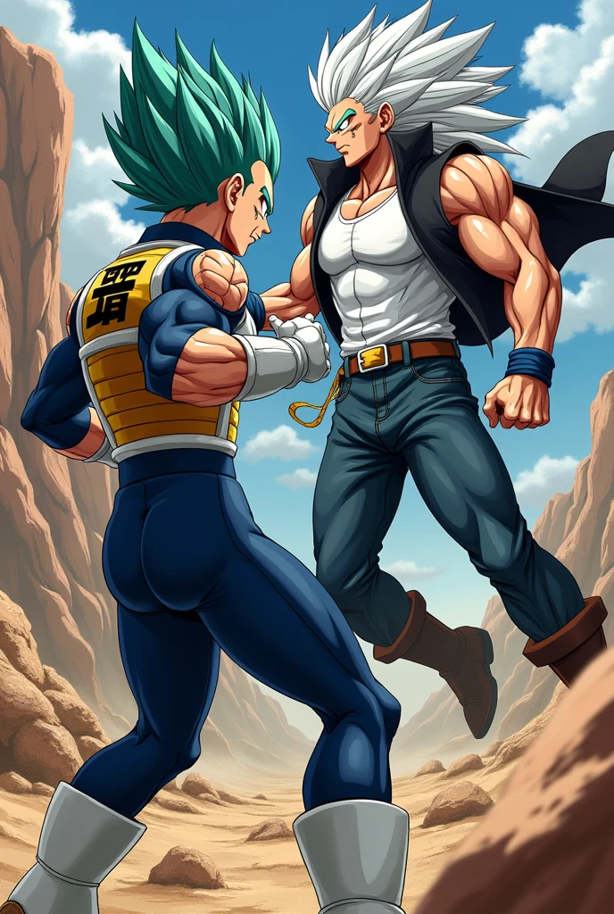 Man of defined physique,long straight white hair,Red eyes,scar on his face by his right eye,white sleeveless t-shirt,black knee-length jacket,dark blue jeans by Jin,black boots,fighting against Vegeta from Dragon Ball (,wearing a sleeveless dark blue shirt fitted to his body,dark blue pants fitted to his body,white gloves and boots)in a rocky area(anime style)