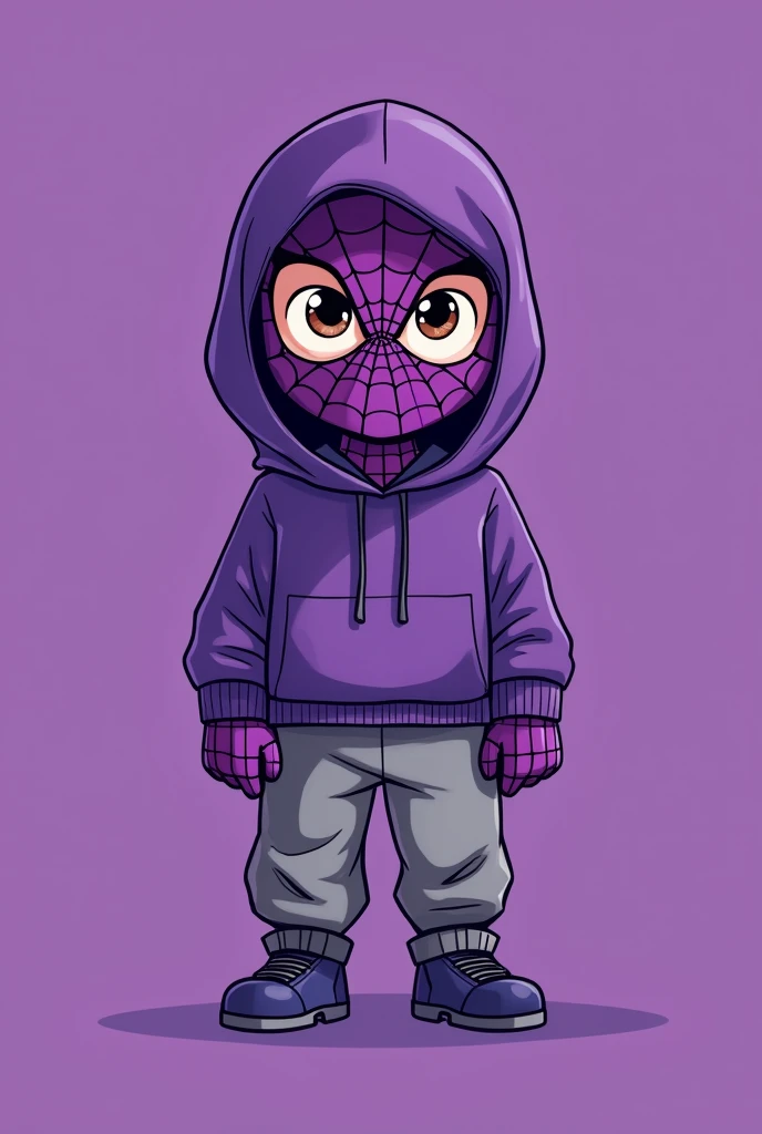 a cartoon male drawing with a purple spiderman mask, loose gray pants and a purple hood, eyes browns, with a solid purple background