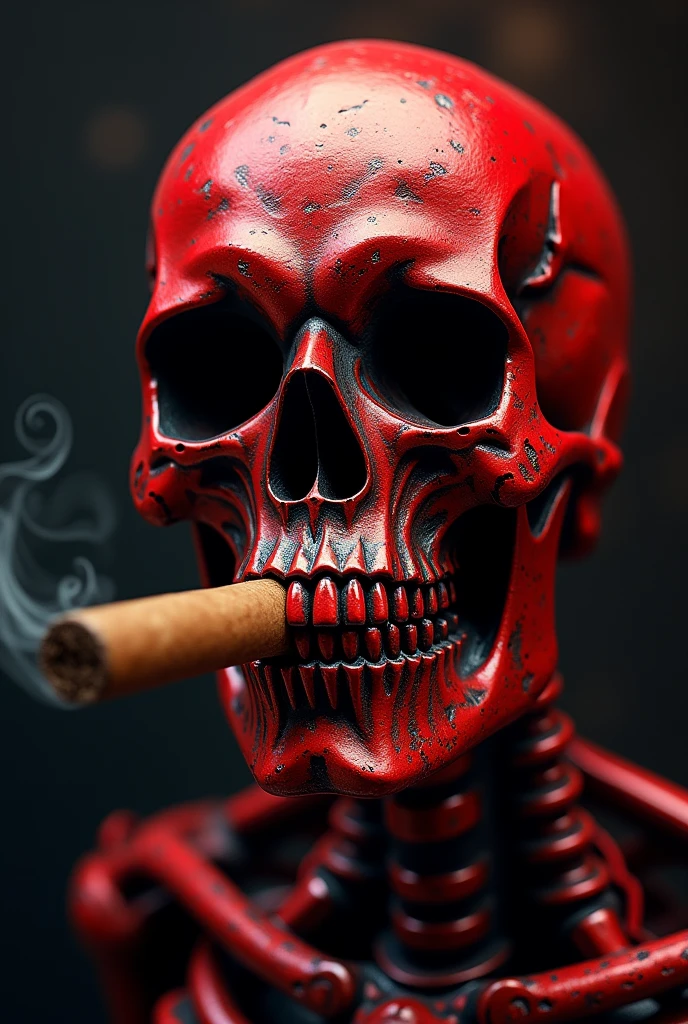 Skull metal red colour cigar on teeth high detail front skull dark background